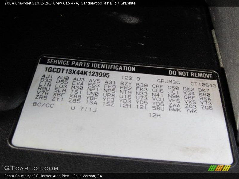 Info Tag of 2004 S10 LS ZR5 Crew Cab 4x4