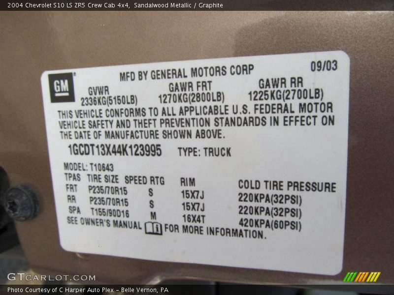 Info Tag of 2004 S10 LS ZR5 Crew Cab 4x4
