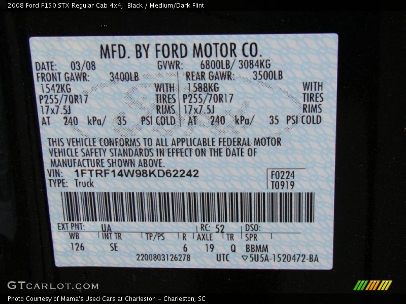2008 F150 STX Regular Cab 4x4 Black Color Code UA