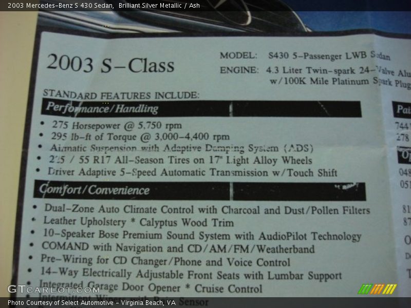  2003 S 430 Sedan Window Sticker