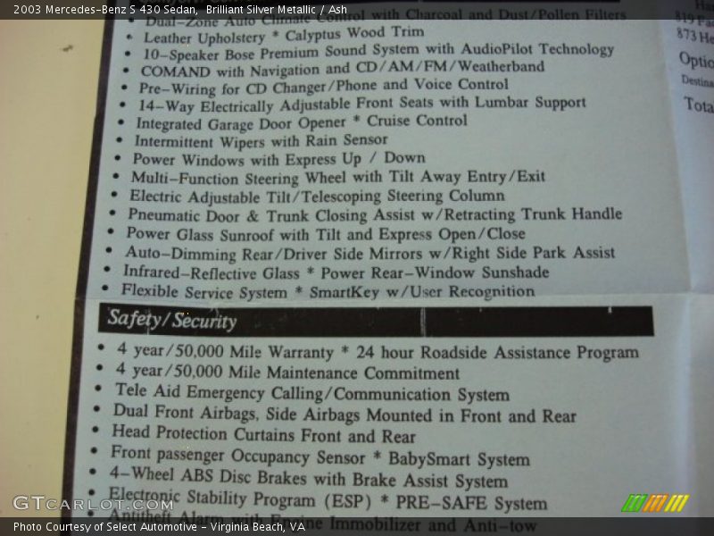  2003 S 430 Sedan Window Sticker