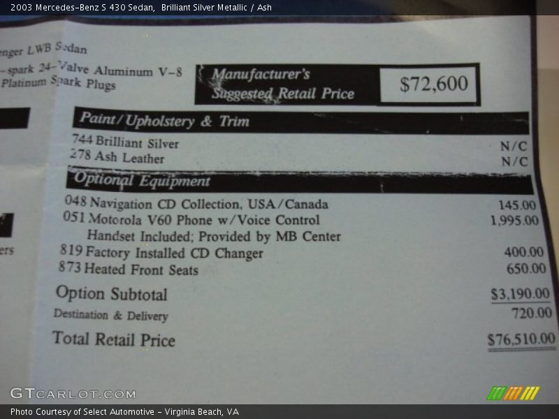  2003 S 430 Sedan Window Sticker