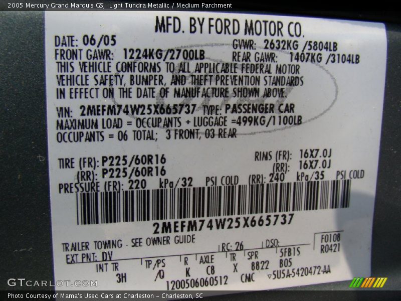 Light Tundra Metallic / Medium Parchment 2005 Mercury Grand Marquis GS