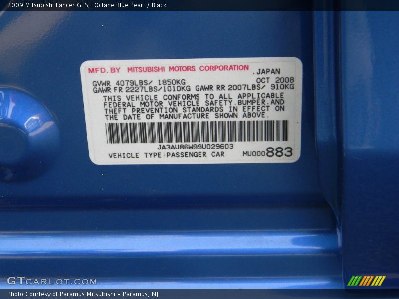 Octane Blue Pearl / Black 2009 Mitsubishi Lancer GTS