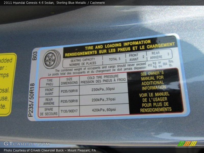 Info Tag of 2011 Genesis 4.6 Sedan
