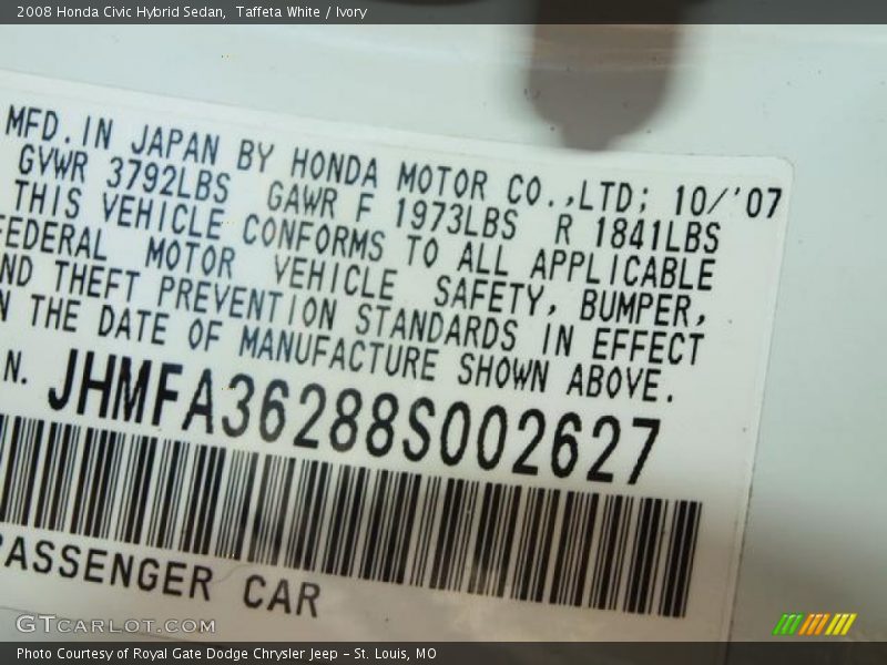 Taffeta White / Ivory 2008 Honda Civic Hybrid Sedan