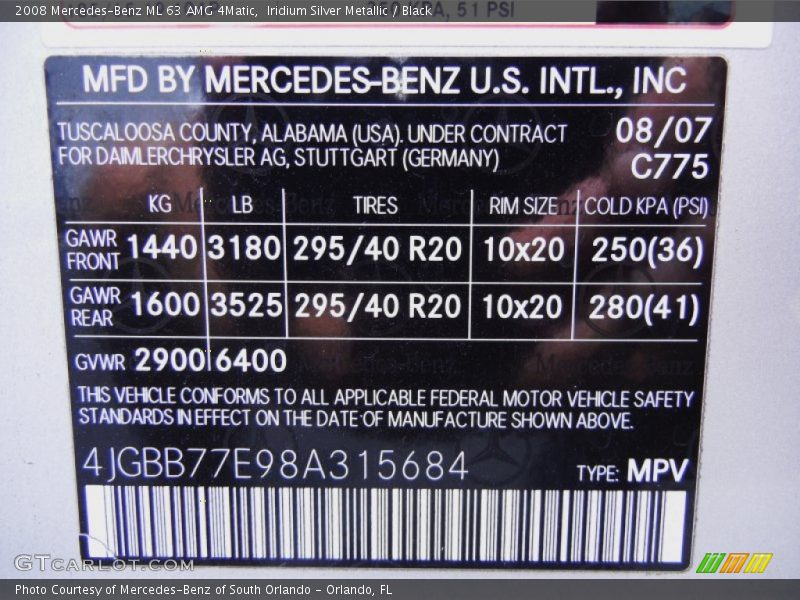 2008 ML 63 AMG 4Matic Iridium Silver Metallic Color Code 775