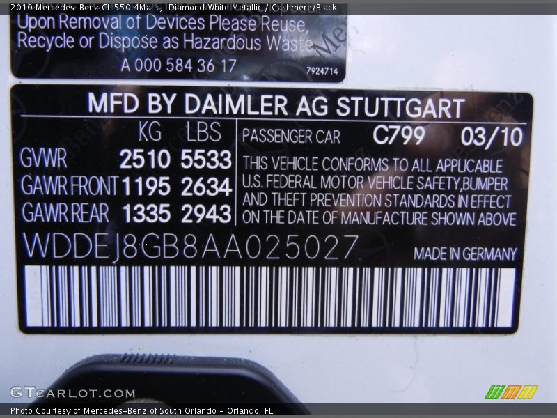 Diamond White Metallic / Cashmere/Black 2010 Mercedes-Benz CL 550 4Matic
