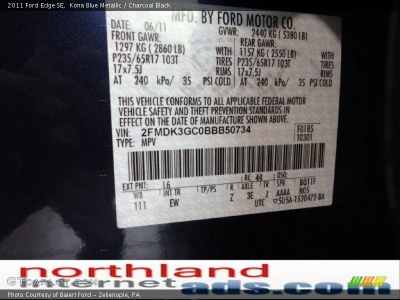 Kona Blue Metallic / Charcoal Black 2011 Ford Edge SE