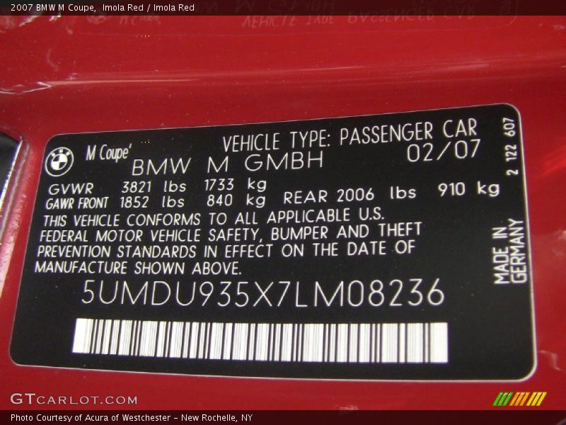 Info Tag of 2007 M Coupe