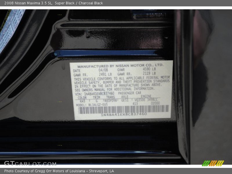 Super Black / Charcoal Black 2008 Nissan Maxima 3.5 SL