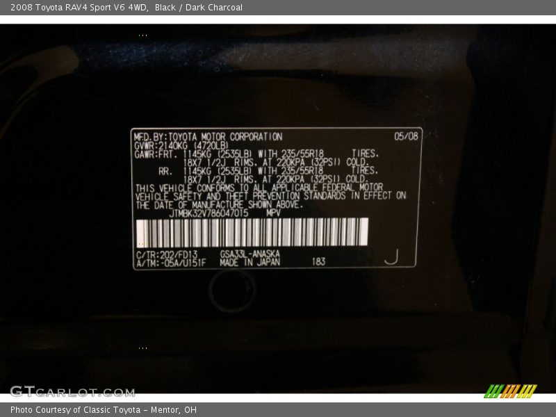 Black / Dark Charcoal 2008 Toyota RAV4 Sport V6 4WD