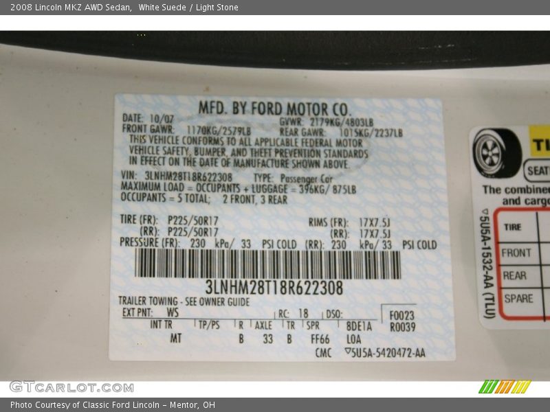 White Suede / Light Stone 2008 Lincoln MKZ AWD Sedan