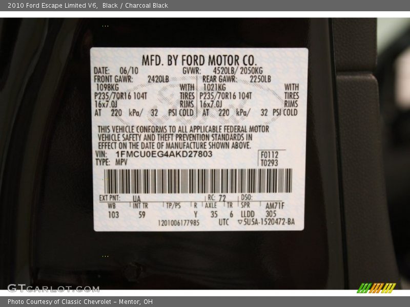 Black / Charcoal Black 2010 Ford Escape Limited V6