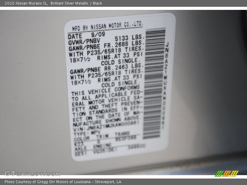 Brilliant Silver Metallic / Black 2010 Nissan Murano SL
