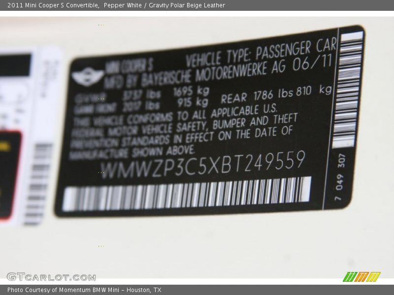 Pepper White / Gravity Polar Beige Leather 2011 Mini Cooper S Convertible