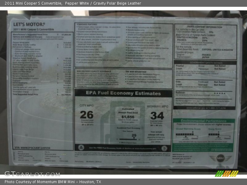 Pepper White / Gravity Polar Beige Leather 2011 Mini Cooper S Convertible