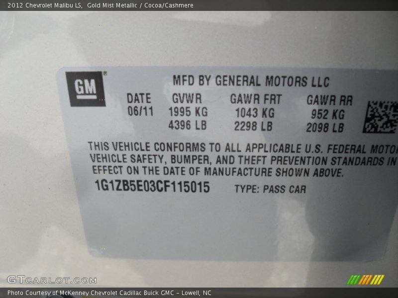 Gold Mist Metallic / Cocoa/Cashmere 2012 Chevrolet Malibu LS