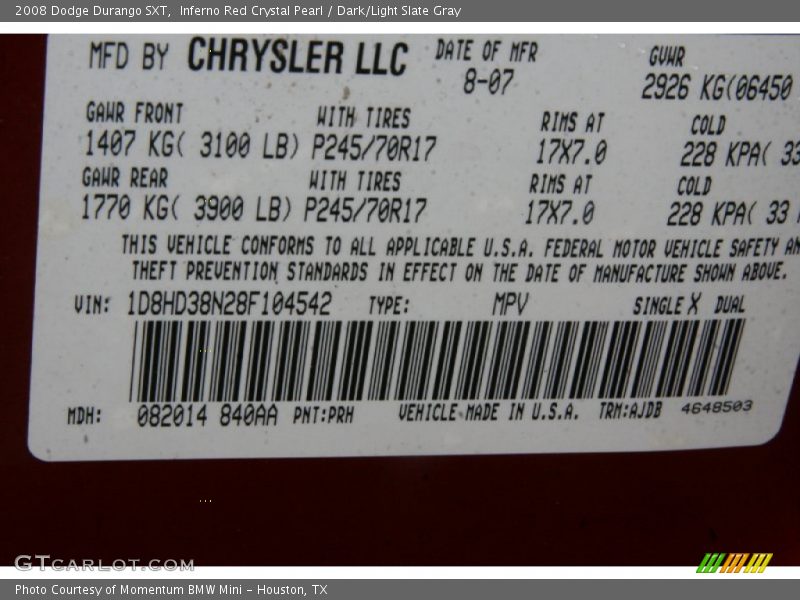 Inferno Red Crystal Pearl / Dark/Light Slate Gray 2008 Dodge Durango SXT