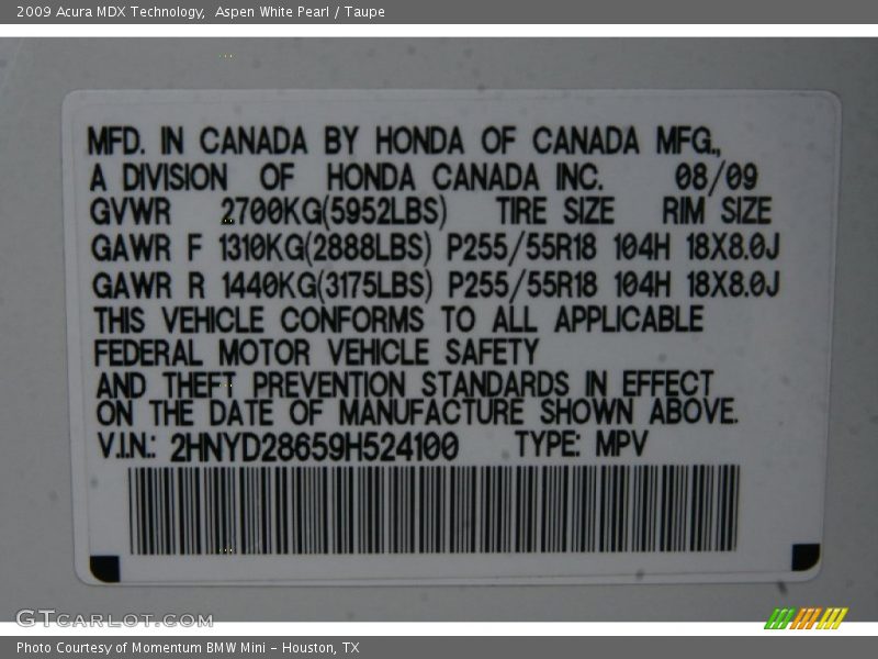 Aspen White Pearl / Taupe 2009 Acura MDX Technology