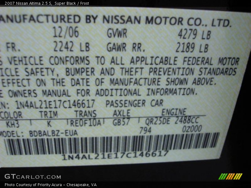 Super Black / Frost 2007 Nissan Altima 2.5 S