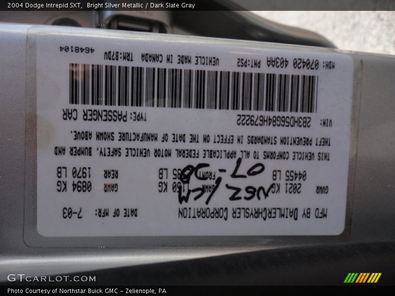2004 Intrepid SXT Bright Silver Metallic Color Code PS2