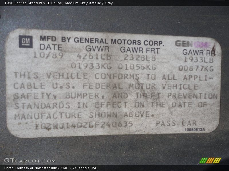 Info Tag of 1990 Grand Prix LE Coupe