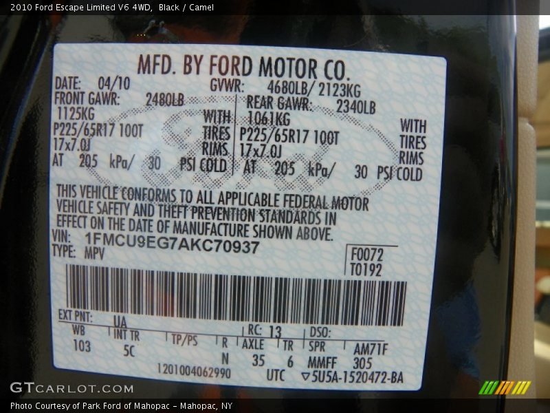 Black / Camel 2010 Ford Escape Limited V6 4WD