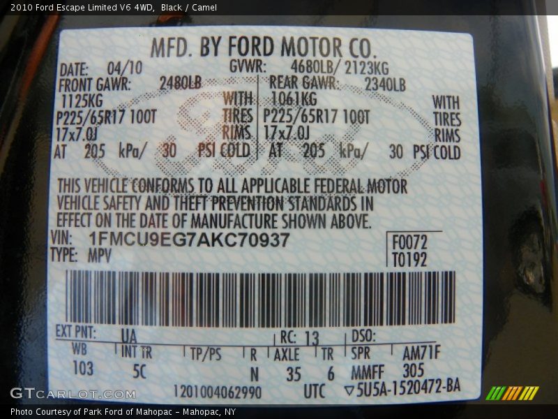 Black / Camel 2010 Ford Escape Limited V6 4WD