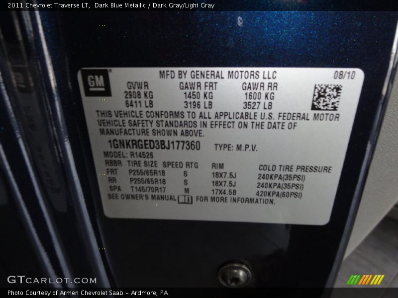 Dark Blue Metallic / Dark Gray/Light Gray 2011 Chevrolet Traverse LT