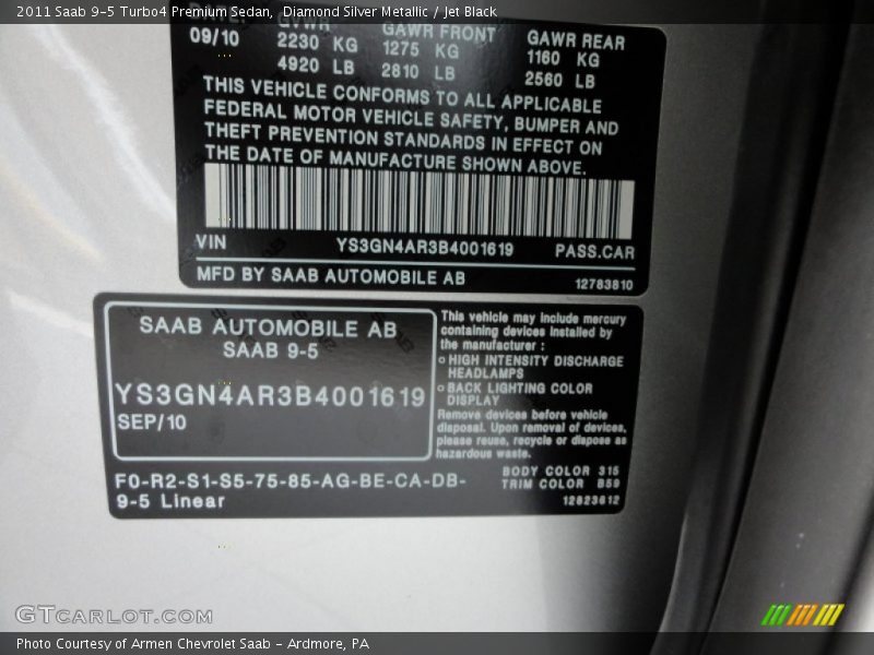 Diamond Silver Metallic / Jet Black 2011 Saab 9-5 Turbo4 Premium Sedan