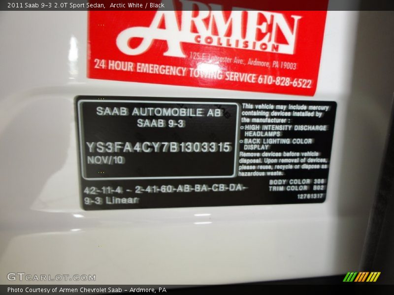 2011 9-3 2.0T Sport Sedan Arctic White Color Code 306
