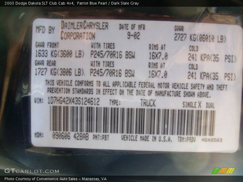 Patriot Blue Pearl / Dark Slate Gray 2003 Dodge Dakota SLT Club Cab 4x4