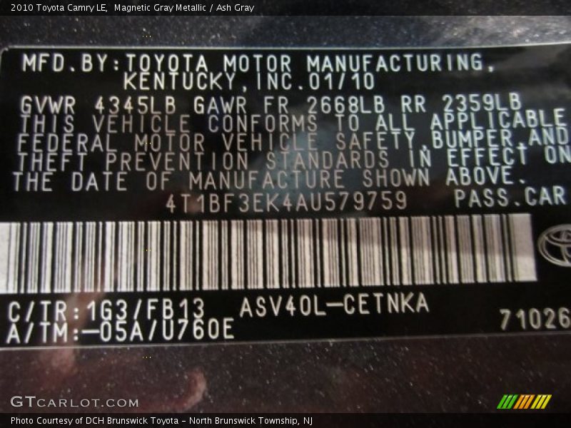 Magnetic Gray Metallic / Ash Gray 2010 Toyota Camry LE