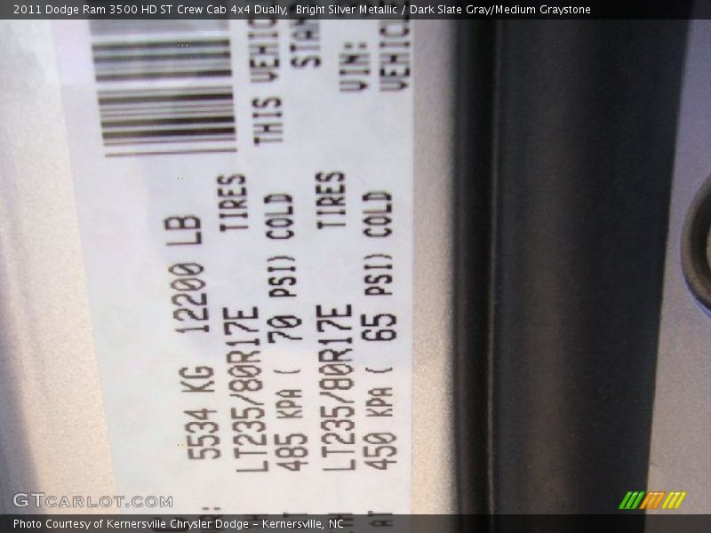 Bright Silver Metallic / Dark Slate Gray/Medium Graystone 2011 Dodge Ram 3500 HD ST Crew Cab 4x4 Dually