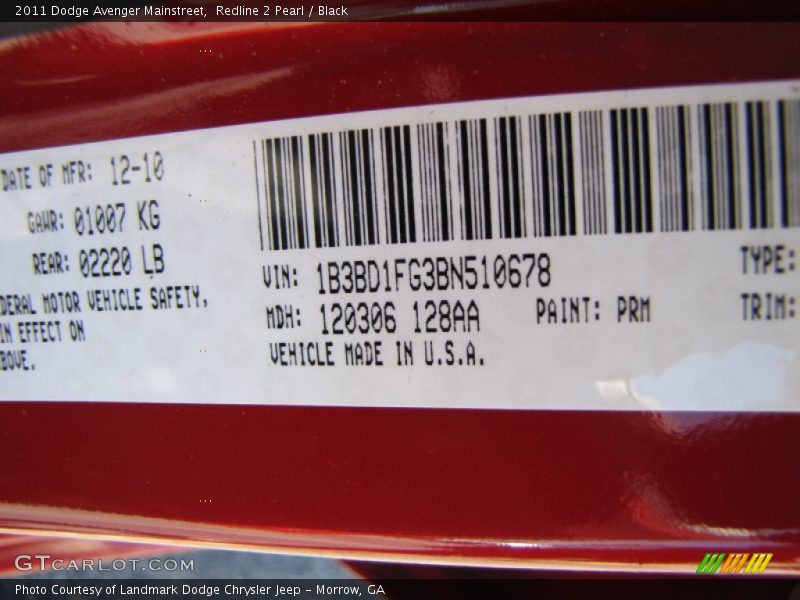 Redline 2 Pearl / Black 2011 Dodge Avenger Mainstreet