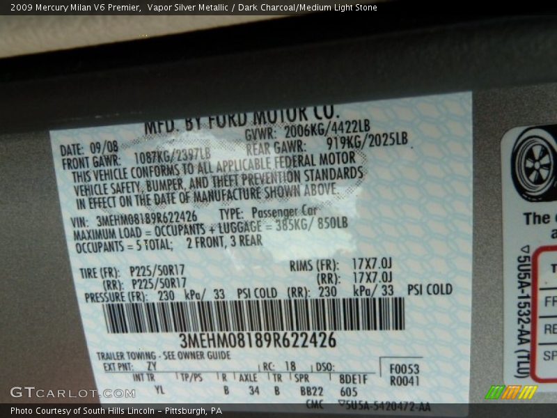 Vapor Silver Metallic / Dark Charcoal/Medium Light Stone 2009 Mercury Milan V6 Premier