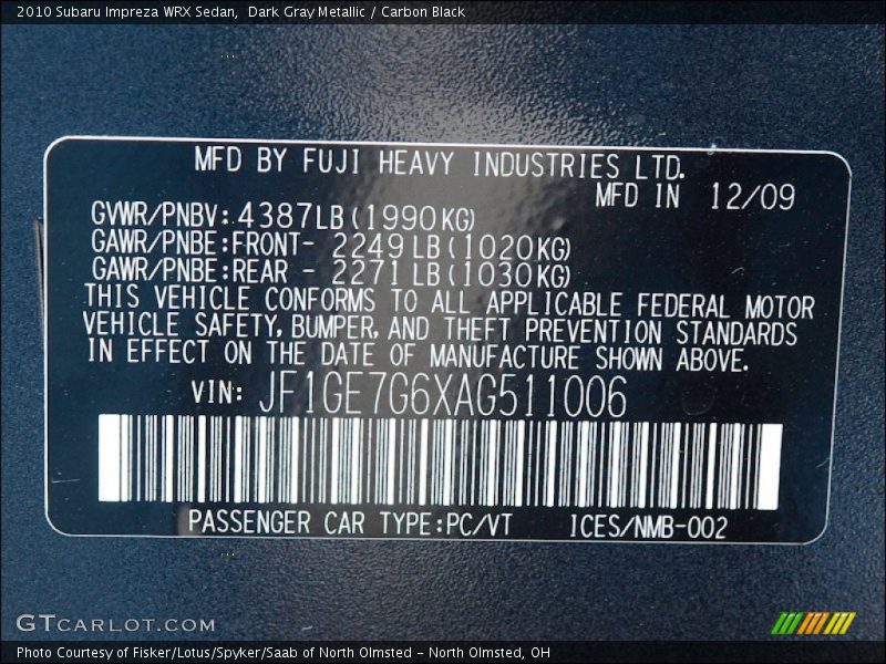 Info Tag of 2010 Impreza WRX Sedan