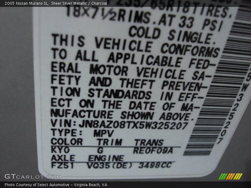 Sheer Silver Metallic / Charcoal 2005 Nissan Murano SL
