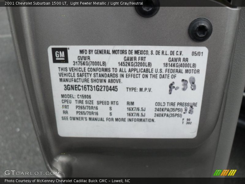 Light Pewter Metallic / Light Gray/Neutral 2001 Chevrolet Suburban 1500 LT