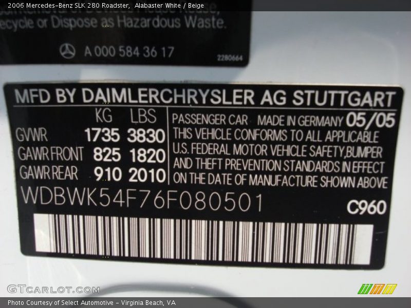 Alabaster White / Beige 2006 Mercedes-Benz SLK 280 Roadster