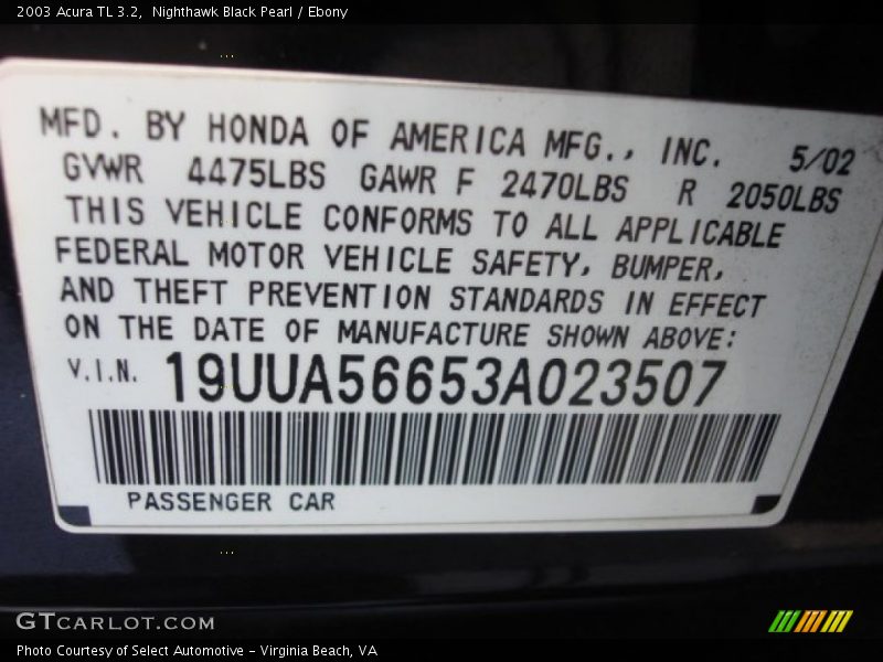 Nighthawk Black Pearl / Ebony 2003 Acura TL 3.2