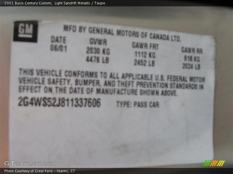 Light Sandrift Metallic / Taupe 2001 Buick Century Custom