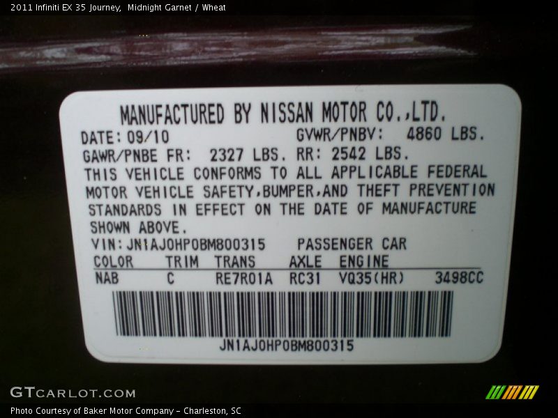 2011 EX 35 Journey Midnight Garnet Color Code NAB