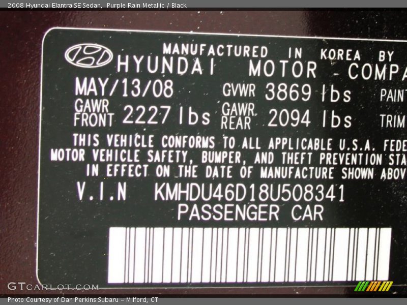 Purple Rain Metallic / Black 2008 Hyundai Elantra SE Sedan