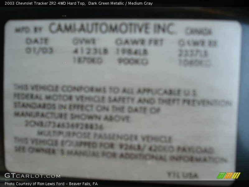 Dark Green Metallic / Medium Gray 2003 Chevrolet Tracker ZR2 4WD Hard Top