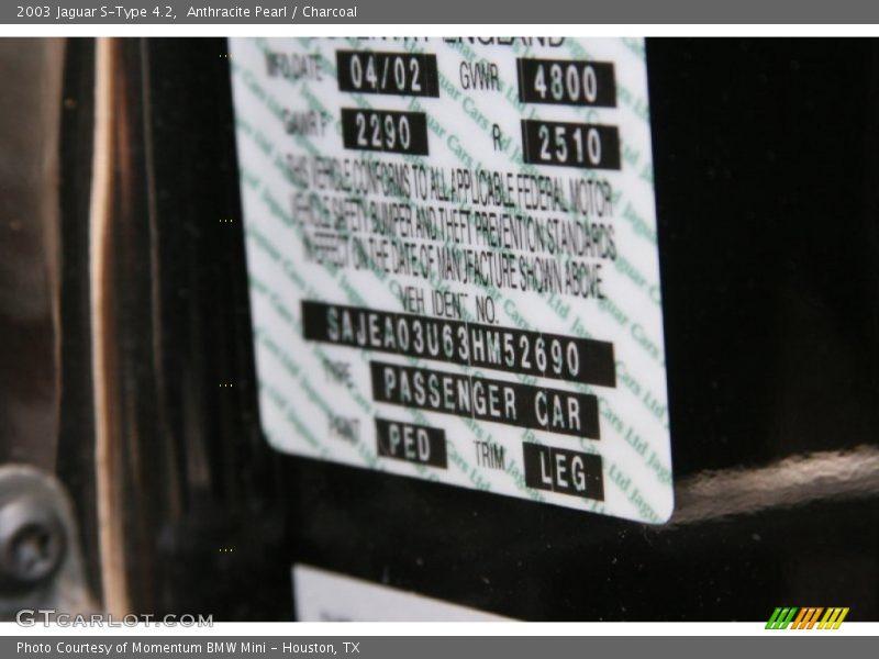 2003 S-Type 4.2 Anthracite Pearl Color Code PED