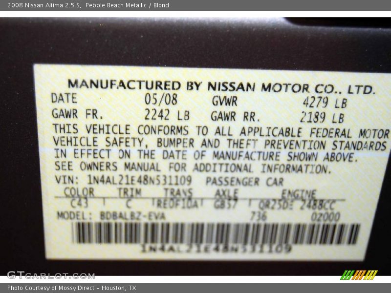 Pebble Beach Metallic / Blond 2008 Nissan Altima 2.5 S