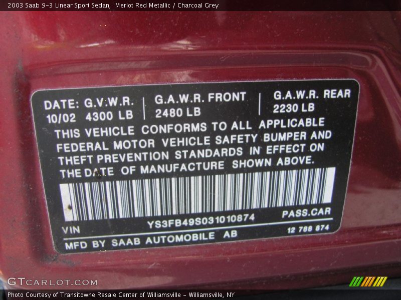 Info Tag of 2003 9-3 Linear Sport Sedan