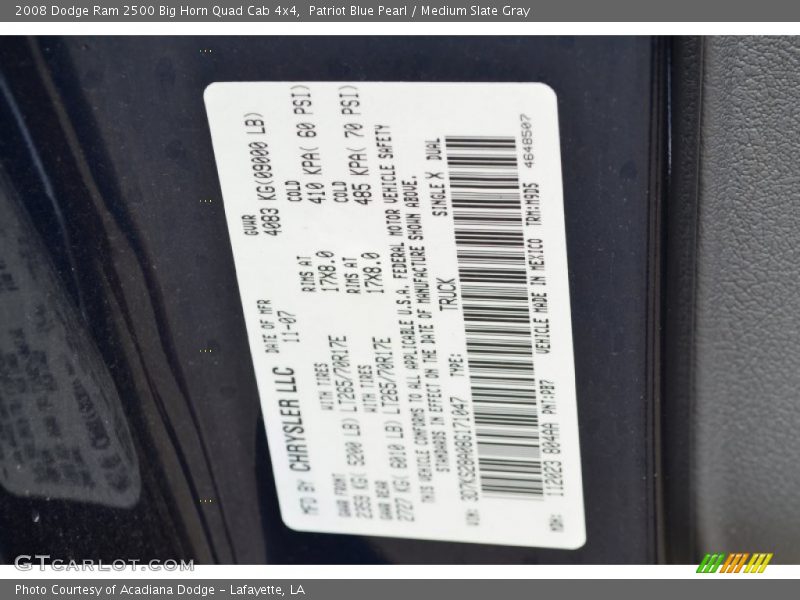 2008 Ram 2500 Big Horn Quad Cab 4x4 Patriot Blue Pearl Color Code PB7